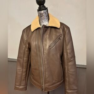 Andrew Marc Men's Small Brown Leatherlike Lined Jacket with Tan Collar